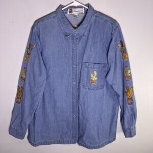 Vintage Women's Blue denim Embroidered Cactus Button Up Shirt Sz L Cotton